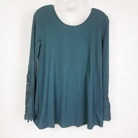 Pink Rose Crochet Long Sleeve Scoop Neck Turquoise Medium Shirt Top Blouse - Picture 6 of 8